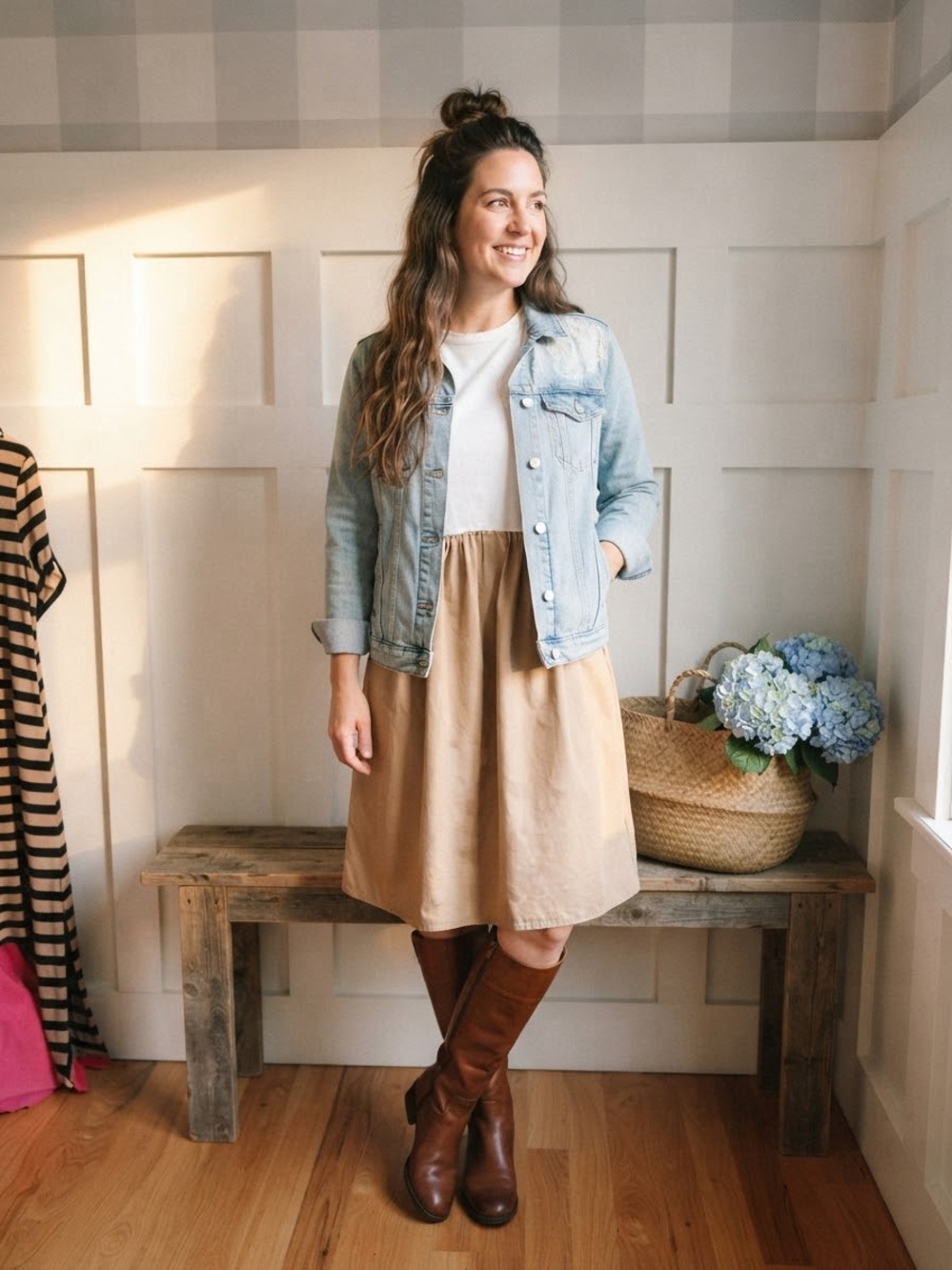 Portugal Cotton Gathered Midi Dress in Tan Small